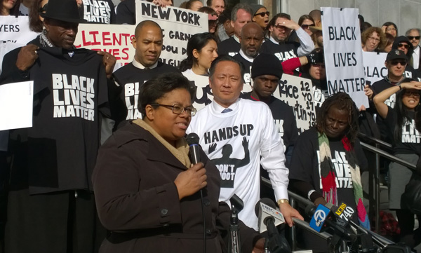 BASF Executive Director Yolanda Jackson spoke at the “Hands Up, Don’t Shoot” rally on December 18, 2014 in support of racial justice and in solidarity with Black Lives Matter protesters in Ferguson, Missouri.