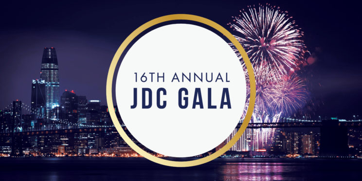San Francisco downtown night view with firework. JDC gala logo is placed in the middle.