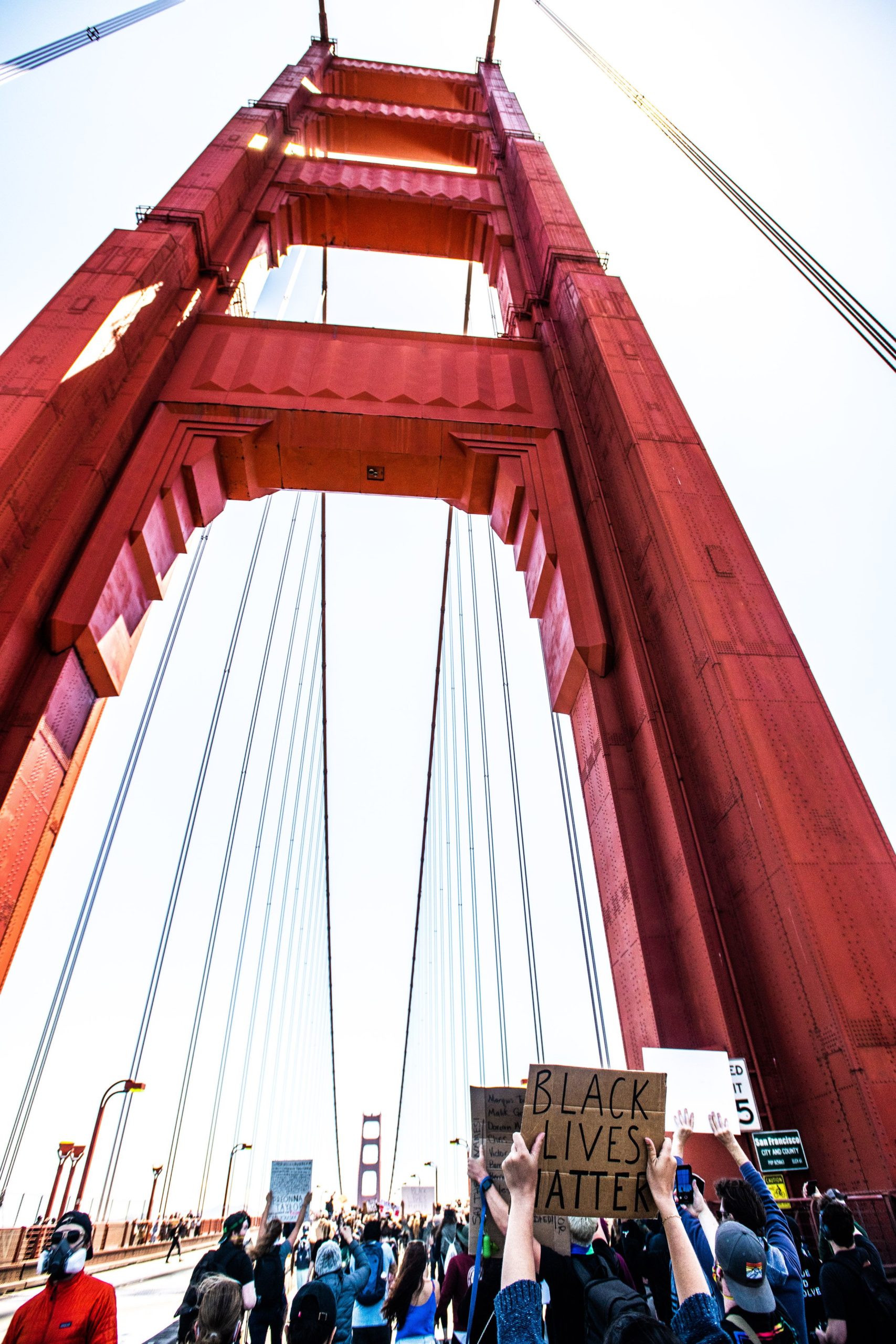 Mandatory Credit: Photo by Chris Tuite/ImageSPACE/Shutterstock (10672244i)
Protestors demonstrate on the Golden Gate Bridge after the death of George Floyd. Protestors climbed over the rails and demonstrated in the lanes causing a shutdown of South Bound traffic.
Black Lives Matter protest, San Francisco, California, USA - 06 Jun 2020