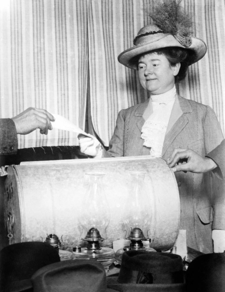 Picture of Annie Rolph, wife of San Francisco mayor James Rolph, voting in 1911. In California, women's suffrage became legal with the passage of Proposition 4 in 1911 yet not all women were enfranchised.