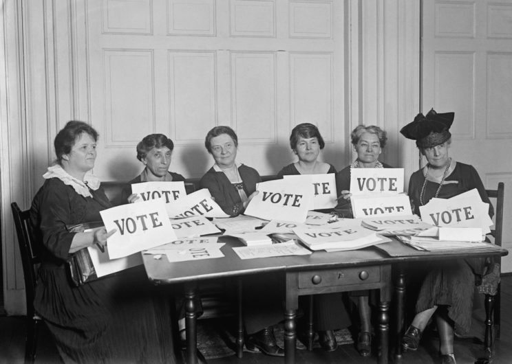 A picture of National League of Women Voters holding up signs reading, 'VOTE', Sept. 17, 1924. Millions of women voted in 1920 and 1924, but in a lower proportion than men.