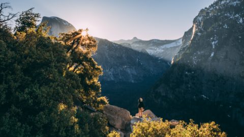 green trees near mountain with sunlight coming through in Yosemite Valley