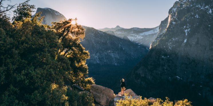 green trees near mountain with sunlight coming through in Yosemite Valley