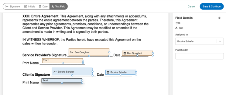 screenshot of the eSignature template 