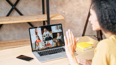 Back view of biracial female employee talks via video call with diverse multiracial team on laptop screen. Remote work, virtual conference, briefing online
