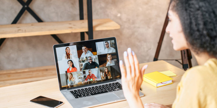 Back view of biracial female employee talks via video call with diverse multiracial team on laptop screen. Remote work, virtual conference, briefing online