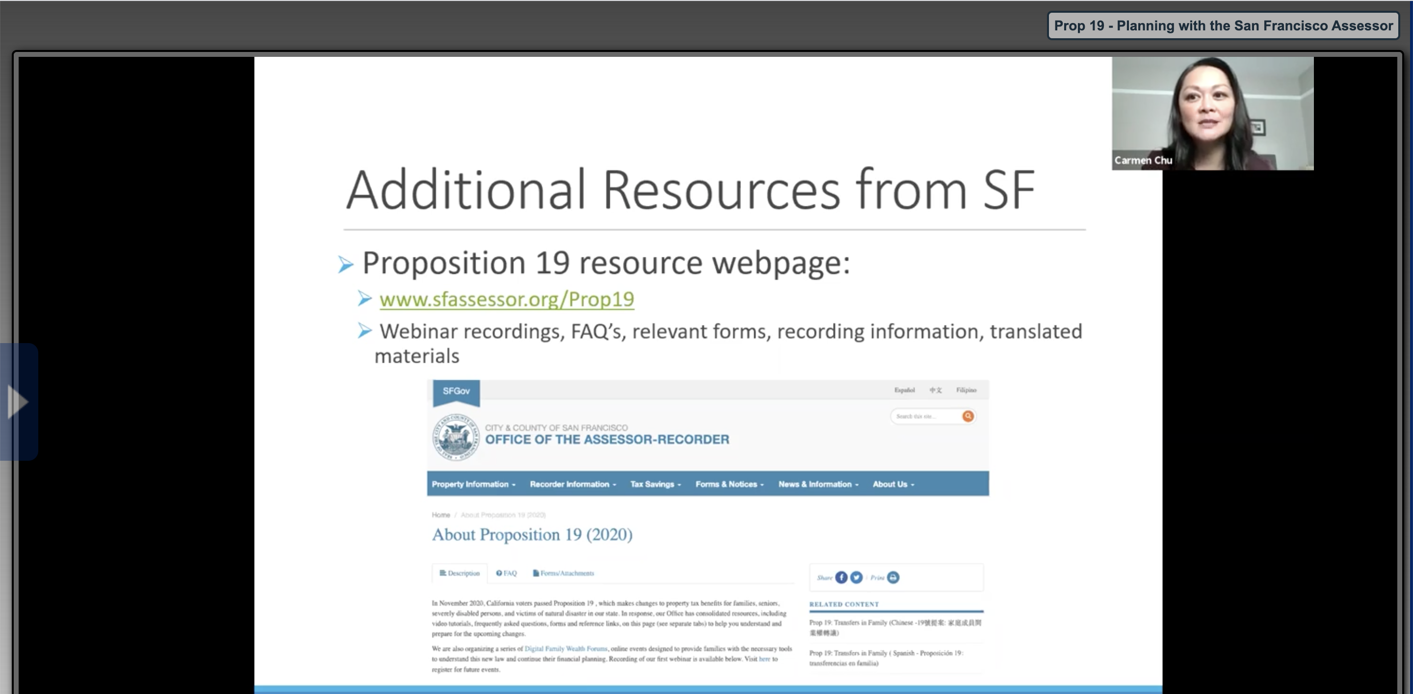 screenshot of San Francisco Assessor-Recorder Carmen Chu speaking in CLE program about Prop.19