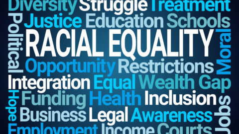 Racial Equality Word Cloud on Blue Background