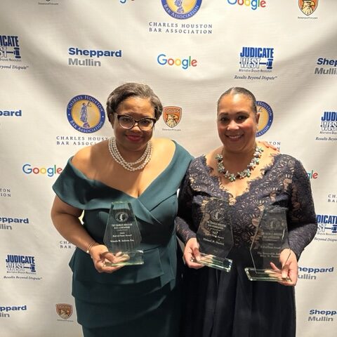 LEFT TO RIGHT: Yolanda Jackson received Hall of Fame award and Kristyn Temple-Robinson granddaughter of CA Supreme Court Justice Wiley Manual - accepted HOF award (posthumous) on his behalf.